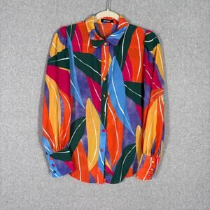 90s Blouse Top Small Button Puff Flowy Leaf Maximalist Bold Twee‎ Artsy Career